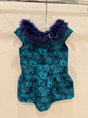Janie and Jack Teal Floral Dress with Navy Faux Fur Collar
